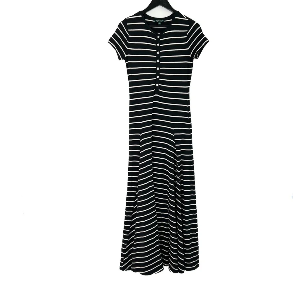 Lauren Ralph Lauren Dress Striped Jersey Maxi Dress Black White - Picture 2 of 6